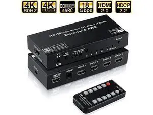 4 in 1 Out HDMI 2.0 Switch with Audio Extractor & ARC, 4K@60Hz HDMI Switcher Support Toslink SPDIF + 3.5mm AUX Output, HDCP2.2 Auto Switch IR Remote for 4K TV Home Theater 4 in 1 Out HDMI 2.0 Switch with Audio Extractor & ARC, 4K@60Hz HDMI Switcher Support Toslink SPDIF + 3.5mm AUX Output, HDCP2.2 Auto Switch IR Remote for 4K TV Home Theater