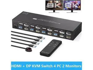 4-Port HDMI2.1+DP1.4 Dual Monitor USB3.0 KVM Switch, 8K@60Hz, 4 USB3.0 Ports with IR Remote Control 4-Port HDMI2.1+DP1.4 Dual Monitor USB3.0 KVM Switch, 8K@60Hz, 4 USB3.0 Ports with IR Remote Control