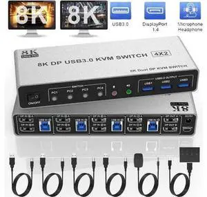4-Port DP1.4 Dual Monitor USB 3.0 KVM Switch, 8K@60Hz & 4K@144Hz, with Audio Out & 3 USB3.0 Ports for 4 PCs 2 Displays 4-Port DP1.4 Dual Monitor USB 3.0 KVM Switch, 8K@60Hz & 4K@144Hz, with Audio Out & 3 USB3.0 Ports for 4 PCs 2 Displays