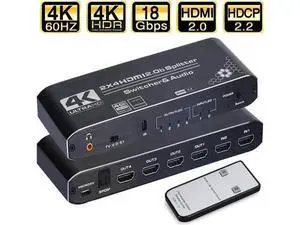 2×4 HDMI 2.0b Matrix Switch with Audio Extractor & IR Remote, 4K@60Hz HDR RGB4:4:4 Video Splitter Hub, SPDIF Optical + 3.5mm Analog Audio Output HDCP2.2 2×4 HDMI 2.0b Matrix Switch with Audio Extractor & IR Remote, 4K@60Hz HDR RGB4:4:4 Video Splitter Hub, SPDIF Optical + 3.5mm Analog Audio Output HDCP2.2