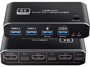 2-Port 2 In 1 Out HDMI 2.1 8K KVM Switch, Support 8K@60Hz, 4K@120Hz, 4 USB 3.0 Ports & Keyboard Hotkey Control, 2 PCs Share One Monitor, Keyboard & Mouse 2-Port 2 In 1 Out HDMI 2.1 8K KVM Switch, Support 8K@60Hz, 4K@120Hz, 4 USB 3.0 Ports & Keyboard Hotkey Control, 2 PCs Share One Monitor, Keyboard & Mouse