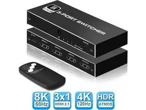 3 in 1 Out 8K HDMI 2.1 Switch with IR Remote, 48Gbps High Speed HDMI Switcher Selector Supports 8K@60Hz, 4K@120Hz, 2K@144Hz, HDR, CEC, Dolby Vision, HDCP 2.3 for PS5, Xbox Series X/S, PC, UHD TV, Moni 3 in 1 Out 8K HDMI 2.1 Switch with IR Remote, 48Gbps High Speed HDMI Switcher Selector Supports 8K@60Hz, 4K@120Hz, 2K@144Hz, HDR, CEC, Dolby Vision, HDCP 2.3 for PS5, Xbox Series X/S, PC, UHD TV, Moni