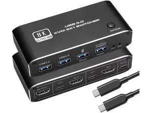 2-Port HDMI 2.1 8K KVM Switch 2 In 1 Out, 2 PCs Share 1 Monitor, Keyboard & Mouse with 2 USB 3.0 Ports, Supports 8K@60Hz, Dynamic HDR, VRR, RGB 8:8:8, One-Button & Hotkey Switching 2-Port HDMI 2.1 8K KVM Switch 2 In 1 Out, 2 PCs Share 1 Monitor, Keyboard & Mouse with 2 USB 3.0 Ports, Supports 8K@60Hz, Dynamic HDR, VRR, RGB 8:8:8, One-Button & Hotkey Switching