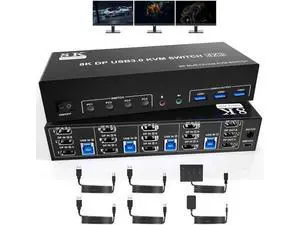 4-Port DP1.4 Triple Monitor USB3.0 KVM Switch, 8K@60Hz, Audio & Mic, 3 USB3.0 Ports, Black Manual Switch for 4 PCs 3 Displays 4-Port DP1.4 Triple Monitor USB3.0 KVM Switch, 8K@60Hz, Audio & Mic, 3 USB3.0 Ports, Black Manual Switch for 4 PCs 3 Displays