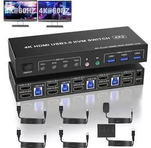 4-Port Dual HDMI USB3.0 KVM Switch, 4-In-2-Out 4K@60Hz, EDID, Audio/Mic & 3 USB3.0 for 4 PCs Share 2 Monitors 4-Port Dual HDMI USB3.0 KVM Switch, 4-In-2-Out 4K@60Hz, EDID, Audio/Mic & 3 USB3.0 for 4 PCs Share 2 Monitors