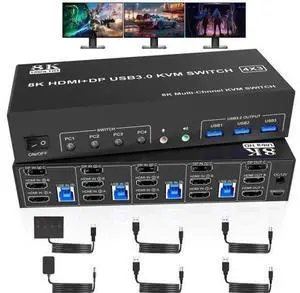 4-Port Triple Monitor KVM Switch (2×HDMI2.1+DP1.4), 8K@60Hz, USB3.0 with Audio & Mic, 4 PCs Share 3 Displays 4-Port Triple Monitor KVM Switch (2×HDMI2.1+DP1.4), 8K@60Hz, USB3.0 with Audio & Mic, 4 PCs Share 3 Displays