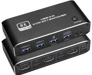 2x1 HDMI 2.1 8K KVM Switch with 4 USB 3.0 Ports, 2 PCs Share 1 Monitor, Support 8K@60Hz, 4K@120Hz, YUV 4:4:4, HDCP 2.3, HDR10, Hotkey Control, Dark Shell 2x1 HDMI 2.1 8K KVM Switch with 4 USB 3.0 Ports, 2 PCs Share 1 Monitor, Support 8K@60Hz, 4K@120Hz, YUV 4:4:4, HDCP 2.3, HDR10, Hotkey Control, Dark Shell