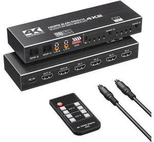 4x2 HDMI 2.0b Matrix Switch 4K@60Hz 18.5Gbps, 4-In-2-Out Video Splitter with Optical L/R Audio, IR Remote, HDCP 2.2 & 3D Support 4x2 HDMI 2.0b Matrix Switch 4K@60Hz 18.5Gbps, 4-In-2-Out Video Splitter with Optical L/R Audio, IR Remote, HDCP 2.2 & 3D Support