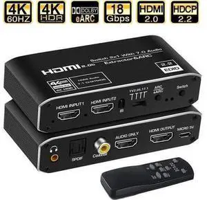 2 in 1 Out HDMI 2.0b Switch with Audio Extractor, 4K@60Hz HDR 2x1 HDMI Switcher Splitter with Optical SPDIF, Coaxial & 3.5mm Audio Output, HDCP 2.3 IR Remote Control 2 in 1 Out HDMI 2.0b Switch with Audio Extractor, 4K@60Hz HDR 2x1 HDMI Switcher Splitter with Optical SPDIF, Coaxial & 3.5mm Audio Output, HDCP 2.3 IR Remote Control