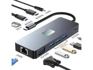 11 in 1 USB C Triple Display Docking Station, Multiport Adapter with DP+HDMI+VGA, Gigabit Ethernet, 100W PD, 3×10Gbps USB3.2, SD TF Card Reader & Audio Jack for Type-C Laptops 11 in 1 USB C Triple Display Docking Station, Multiport Adapter with DP+HDMI+VGA, Gigabit Ethernet, 100W PD, 3×10Gbps USB3.2, SD TF Card Reader & Audio Jack for Type-C Laptops