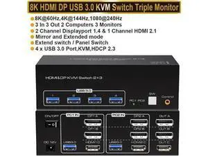 2-Port Triple Monitor KVM Switch (2DP+1HDMI), 8K@60Hz / 4K@144Hz, 4 USB3.0 Ports 2-Port Triple Monitor KVM Switch (2DP+1HDMI), 8K@60Hz / 4K@144Hz, 4 USB3.0 Ports