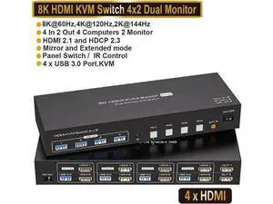 4 In 2 Out Dual Monitor HDMI KVM Switch 8K@60Hz 4K@120Hz USB 3.0, 4 USB 3.0 Ports, Compatible with Windows, MacOS, Linux & Unix for 4 PCs Share Dual Displays 4 In 2 Out Dual Monitor HDMI KVM Switch 8K@60Hz 4K@120Hz USB 3.0, 4 USB 3.0 Ports, Compatible with Windows, MacOS, Linux & Unix for 4 PCs Share Dual Displays