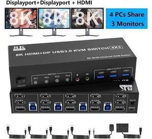 4-Port Triple Monitor KVM Switch (2DP+1HDMI), 8K@60Hz / 4K@144Hz, Audio & 3 USB3.0 Ports 4-Port Triple Monitor KVM Switch (2DP+1HDMI), 8K@60Hz / 4K@144Hz, Audio & 3 USB3.0 Ports