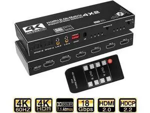 4x2 HDMI Matrix Switch 4 in 2 Out with IR Remote Model OZJ1, Supports 4K, 1080P, 3D, RGB 8:8:8, Dolby Atmos, Dual SPDIF & Dual 3.5mm L/R Audio Outputs, Built-in EDID Management 4x2 HDMI Matrix Switch 4 in 2 Out with IR Remote Model OZJ1, Supports 4K, 1080P, 3D, RGB 8:8:8, Dolby Atmos, Dual SPDIF & Dual 3.5mm L/R Audio Outputs, Built-in EDID Management