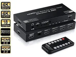 4K@60Hz 4 in 1 Out HDMI Switch Audio Extractor with Optical SPDIF & 3.5mm AUX Output, ARC, HDCP 2.2, HDR10, RGB 8:8:8 7.1CH Dolby Atmos, Adjustable EDID Function 4K@60Hz 4 in 1 Out HDMI Switch Audio Extractor with Optical SPDIF & 3.5mm AUX Output, ARC, HDCP 2.2, HDR10, RGB 8:8:8 7.1CH Dolby Atmos, Adjustable EDID Function