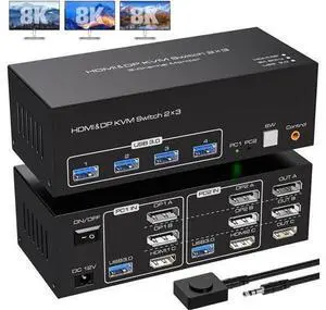 2-Port Triple Monitor KVM Switch (2DP+HDMI), 8K@60Hz & 4K@120Hz, USB3.0, Support Extended Display Mode 2-Port Triple Monitor KVM Switch (2DP+HDMI), 8K@60Hz & 4K@120Hz, USB3.0, Support Extended Display Mode
