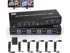 4-Port DP1.4 Dual Monitor USB3.0 KVM Switch, 8K@60Hz, Audio & Microphone, 3 USB3.0 Ports 4-Port DP1.4 Dual Monitor USB3.0 KVM Switch, 8K@60Hz, Audio & Microphone, 3 USB3.0 Ports