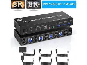 4-Port DP1.4 Dual Monitor USB3.0 KVM Switch 4 In 2 Out, 8K@60Hz, Audio Output & 3 USB3.0 Ports 4-Port DP1.4 Dual Monitor USB3.0 KVM Switch 4 In 2 Out, 8K@60Hz, Audio Output & 3 USB3.0 Ports