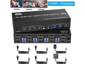 4-Port Triple Monitor KVM Switch (2HDMI+1DP), 8K@60Hz & 4K@144Hz, Audio Port & 3 USB3.0 Ports 4-Port Triple Monitor KVM Switch (2HDMI+1DP), 8K@60Hz & 4K@144Hz, Audio Port & 3 USB3.0 Ports