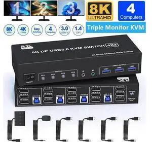 4-Port DP1.4 Triple Monitor USB 3.0 KVM Switch, 8K@60Hz & 4K@144Hz, Audio Jack & 3 USB3.0 Ports 4-Port DP1.4 Triple Monitor USB 3.0 KVM Switch, 8K@60Hz & 4K@144Hz, Audio Jack & 3 USB3.0 Ports
