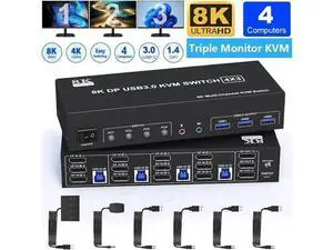 4-Port DP1.4 Triple Monitor USB3.0 KVM Switch, 8K@60Hz & 4K@144Hz, Audio + 3 USB3.0 Ports for 4 PCs 4-Port DP1.4 Triple Monitor USB3.0 KVM Switch, 8K@60Hz & 4K@144Hz, Audio + 3 USB3.0 Ports for 4 PCs