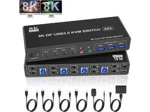 4-Port DP1.4 Dual Monitor USB 3.0 KVM Switch, 8K@60Hz, Audio & Microphone Jacks, 3 USB 3.0 Ports 4-Port DP1.4 Dual Monitor USB 3.0 KVM Switch, 8K@60Hz, Audio & Microphone Jacks, 3 USB 3.0 Ports