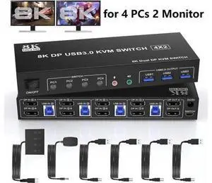 4-Port DP1.4 Dual Monitor USB 3.0 KVM Switch, 8K@60Hz, Audio & Mic Jacks, 3 USB 3.0 Ports 4-Port DP1.4 Dual Monitor USB 3.0 KVM Switch, 8K@60Hz, Audio & Mic Jacks, 3 USB 3.0 Ports
