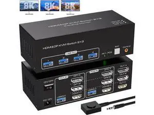 8K@60Hz Triple Monitor KVM Switch 2 Computers 2DP+HDMI USB3.0, 4K@120Hz Extended Display for Dell HP Mac Gaming Laptops Desktops 8K@60Hz Triple Monitor KVM Switch 2 Computers 2DP+HDMI USB3.0, 4K@120Hz Extended Display for Dell HP Mac Gaming Laptops Desktops