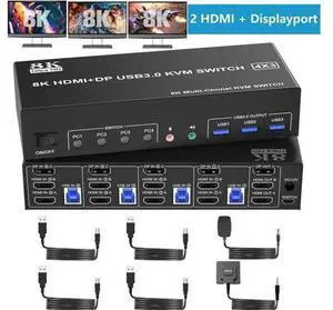 4-Port Triple Monitor KVM Switch (2HDMI+1DP), 8K@60Hz & 4K@144Hz, Audio & 3 USB3.0 Ports 4-Port Triple Monitor KVM Switch (2HDMI+1DP), 8K@60Hz & 4K@144Hz, Audio & 3 USB3.0 Ports