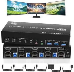 4-Port Triple Monitor KVM Switch (2HDMI+1DP), 8K@60Hz, Audio & Mic, 3 USB3.0 Ports, Extended & Clone Display Modes 4-Port Triple Monitor KVM Switch (2HDMI+1DP), 8K@60Hz, Audio & Mic, 3 USB3.0 Ports, Extended & Clone Display Modes