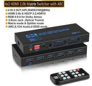 4X2 HDMI 2.0b Matrix Switch Model OZJ2-1 with IR Remote & EDID Extractor, 4K@60Hz HDR Video Splitter, ARC SPDIF Optical + 3.5mm Audio Output HDCP2.2 3D 1080P 4X2 HDMI 2.0b Matrix Switch Model OZJ2-1 with IR Remote & EDID Extractor, 4K@60Hz HDR Video Splitter, ARC SPDIF Optical + 3.5mm Audio Output HDCP2.2 3D 1080P