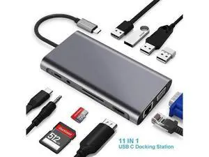 11-in-1 USB C Multiport Hub Adapter with Gigabit Ethernet, 100W PD Charging, 4K HDMI, VGA, SD/TF Card Reader, 4×USB3.0 & 3.5mm Audio Mic Jack, Compatible with MacBook, Chromebook & All USB-C Laptops 11-in-1 USB C Multiport Hub Adapter with Gigabit Ethernet, 100W PD Charging, 4K HDMI, VGA, SD/TF Card Reader, 4×USB3.0 & 3.5mm Audio Mic Jack, Compatible with MacBook, Chromebook & All USB-C Laptops