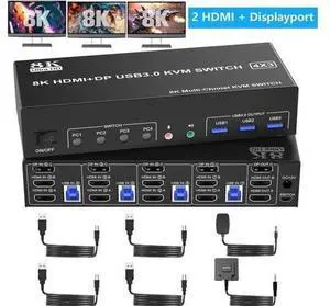 4-Port Triple Monitor KVM Switch (2HDMI+1DP), 8K@60Hz & 4K@144Hz, Audio & 3 USB3.0 Ports for 4 PCs 4-Port Triple Monitor KVM Switch (2HDMI+1DP), 8K@60Hz & 4K@144Hz, Audio & 3 USB3.0 Ports for 4 PCs