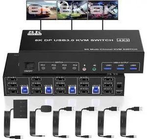4-Port DP1.4 Triple Monitor USB3.0 KVM Switch, 8K with Audio & Mic + 3 USB3.0 Ports for 4 PCs 3 Displays 4-Port DP1.4 Triple Monitor USB3.0 KVM Switch, 8K with Audio & Mic + 3 USB3.0 Ports for 4 PCs 3 Displays