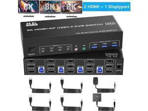 4-Port Triple Monitor KVM Switch (2HDMI+1DP), 8K@60Hz & 4K@144Hz, Audio & 3 USB3.0 Ports for 4 PCs 4-Port Triple Monitor KVM Switch (2HDMI+1DP), 8K@60Hz & 4K@144Hz, Audio & 3 USB3.0 Ports for 4 PCs