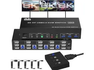 4-Port DP1.4 Triple Monitor USB3.0 KVM Switch, 8K, Audio & Mic + 3 USB3.0 Ports for 4 PCs 3 Screens 4-Port DP1.4 Triple Monitor USB3.0 KVM Switch, 8K, Audio & Mic + 3 USB3.0 Ports for 4 PCs 3 Screens