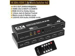 4 In 2 Out HDMI Matrix Switch OZJ1 with IR Remote & EDID Management, 4K@60Hz 3D 1080P Video Splitter, Dual SPDIF Optical + Dual 3.5mm L/R Stereo Independent Audio Extractor 4 In 2 Out HDMI Matrix Switch OZJ1 with IR Remote & EDID Management, 4K@60Hz 3D 1080P Video Splitter, Dual SPDIF Optical + Dual 3.5mm L/R Stereo Independent Audio Extractor