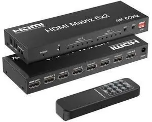 6x2 HDMI 2.0 Matrix Switch Splitter, 6 in 2 Out HDMI Switcher Selector with IR Remote, Optical SPDIF + 3.5mm AUX Audio Extractor, Supports 4K@60Hz 18Gbps UHD HDR HDCP 2.3, Adjustable EDID Management, 6x2 HDMI 2.0 Matrix Switch Splitter, 6 in 2 Out HDMI Switcher Selector with IR Remote, Optical SPDIF + 3.5mm AUX Audio Extractor, Supports 4K@60Hz 18Gbps UHD HDR HDCP 2.3, Adjustable EDID Management,