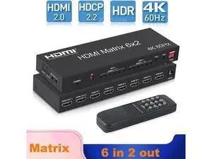 HDMI 2.0 6x2 Matrix Switch Splitter, 6 in 2 Out HDMI Video Switcher with Optical SPDIF + 3.5mm Audio Extractor & IR Remote, Supports 4K@60Hz 18Gbps HDR RGB/YUV 4:4:4, Independent Dual Display Output HDMI 2.0 6x2 Matrix Switch Splitter, 6 in 2 Out HDMI Video Switcher with Optical SPDIF + 3.5mm Audio Extractor & IR Remote, Supports 4K@60Hz 18Gbps HDR RGB/YUV 4:4:4, Independent Dual Display Output