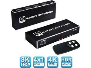 4 In 1 Out HDMI 2.1 8K Switch Box with IR Remote, 48Gbps Bandwidth, Support 8K@60Hz, 4K@120Hz, 2K@144Hz, HDR, CEC & Dolby Vision, Compatible with PS5, Xbox Series X 4 In 1 Out HDMI 2.1 8K Switch Box with IR Remote, 48Gbps Bandwidth, Support 8K@60Hz, 4K@120Hz, 2K@144Hz, HDR, CEC & Dolby Vision, Compatible with PS5, Xbox Series X