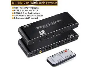 4 In 1 Out HDMI Switch with Audio Extractor, 4K@60Hz HDMI Switcher to HDMI + Optical SPDIF + Coaxial + 3.5mm AUX Stereo Audio, Support ARC, HDCP2.2, HDR10, 3D, Dolby Atmos & EDID Function for PS5 Xbox 4 In 1 Out HDMI Switch with Audio Extractor, 4K@60Hz HDMI Switcher to HDMI + Optical SPDIF + Coaxial + 3.5mm AUX Stereo Audio, Support ARC, HDCP2.2, HDR10, 3D, Dolby Atmos & EDID Function for PS5 Xbox