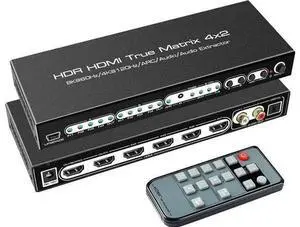 4x2 HDMI 2.1 Matrix Switch 4 in 2 Out 8K@60Hz with IR Remote, 48Gbps 8K HDMI Matrix Splitter, Support 4K@120Hz, HDR10, Dolby Vision, Dolby Atmos, HDCP2.3, ARC, SPDIF 5.1CH Audio Extractor for PS5, Xbo 4x2 HDMI 2.1 Matrix Switch 4 in 2 Out 8K@60Hz with IR Remote, 48Gbps 8K HDMI Matrix Splitter, Support 4K@120Hz, HDR10, Dolby Vision, Dolby Atmos, HDCP2.3, ARC, SPDIF 5.1CH Audio Extractor for PS5, Xbo