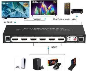 4x2 True HDMI 2.1 Matrix 4 in 2 Out 8K@60Hz 4K@120Hz with Audio Extractor, 48Gbps Bandwidth HDMI Matrix Switcher Splitter Supports ARC, HDR, HDCP 2.3, Independent Optical & Analog Audio Output 4x2 True HDMI 2.1 Matrix 4 in 2 Out 8K@60Hz 4K@120Hz with Audio Extractor, 48Gbps Bandwidth HDMI Matrix Switcher Splitter Supports ARC, HDR, HDCP 2.3, Independent Optical & Analog Audio Output