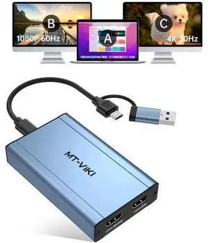 MT-VIKI USB 3.0 & USB-C to Dual HDMI Extended Display Adapter, Dual Monitor Multi-Screen Splitter 4K@30Hz + 1080P@60Hz for Windows & Mac, Driver Required MT-VIKI USB 3.0 & USB-C to Dual HDMI Extended Display Adapter, Dual Monitor Multi-Screen Splitter 4K@30Hz + 1080P@60Hz for Windows & Mac, Driver Required