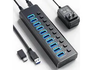10-Port Powered USB 3.0 Hub, USB Splitter with 10 USB3.0 Data Ports + 4 Smart Charging Ports, Independent On/Off Switches for Each Port, Equipped with 12V 4A Power Adapter for PC, Laptop & Multiple Pe 10-Port Powered USB 3.0 Hub, USB Splitter with 10 USB3.0 Data Ports + 4 Smart Charging Ports, Independent On/Off Switches for Each Port, Equipped with 12V 4A Power Adapter for PC, Laptop & Multiple Pe