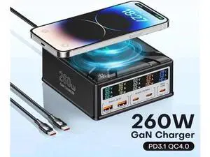 260W GaN 5-Port USB-C Charging Station Cube Adapter with 15W Wireless Charger, 3USB-C + 2USB-A Desktop Charger Block, QC3.0 18W USB-A, 100W & 140W High Power Type-C Ports for Phones, Tablets & Laptops 260W GaN 5-Port USB-C Charging Station Cube Adapter with 15W Wireless Charger, 3USB-C + 2USB-A Desktop Charger Block, QC3.0 18W USB-A, 100W & 140W High Power Type-C Ports for Phones, Tablets & Laptops