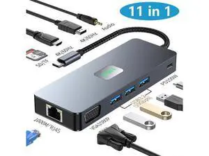 11-in-1 Triple Display USB C Docking Station, Multiport Laptop Hub with 4K HDMI, VGA, DP, 3×10Gbps USB3.2, Gigabit Ethernet, 100W PD Charging, SD & TF Card Reader for Type-C Laptops 11-in-1 Triple Display USB C Docking Station, Multiport Laptop Hub with 4K HDMI, VGA, DP, 3×10Gbps USB3.2, Gigabit Ethernet, 100W PD Charging, SD & TF Card Reader for Type-C Laptops