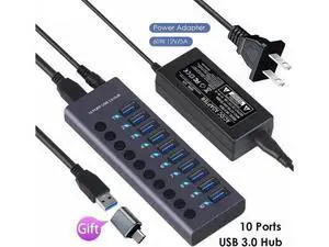 10 Port Powered USB 3.0 Hub Splitter with Independent LED On/Off Switches, High Speed Data Transfer USB Hub with Power Adapter for Mac, PC Desktop & Laptop 10 Port Powered USB 3.0 Hub Splitter with Independent LED On/Off Switches, High Speed Data Transfer USB Hub with Power Adapter for Mac, PC Desktop & Laptop