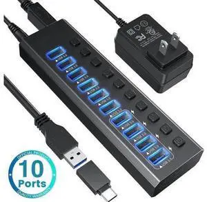 14-Port Powered USB 3.0 Hub Aluminum Housing, 10 USB 3.0 Data Ports + 4 Smart Charging Ports, Individual On/Off Switches with LED Indicators, Powered USB Splitter with Power Adapter for Laptops & Desk 14-Port Powered USB 3.0 Hub Aluminum Housing, 10 USB 3.0 Data Ports + 4 Smart Charging Ports, Individual On/Off Switches with LED Indicators, Powered USB Splitter with Power Adapter for Laptops & Desk