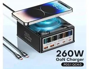 260W 5-Port GaN Charging Station with Wireless Charger, 3USB-C+2USB-A Multi-Port Fast Charging Cube Power Adapter 260W 5-Port GaN Charging Station with Wireless Charger, 3USB-C+2USB-A Multi-Port Fast Charging Cube Power Adapter